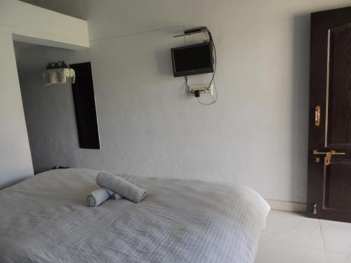 a bedroom with a bed with a tv on the wall at Pushkar Vela Resort in Pushkar