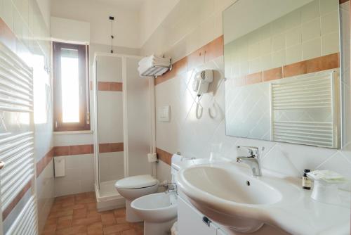 ein Badezimmer mit einem Waschbecken, einem WC und einem Spiegel in der Unterkunft Country Club Sport in Alba Adriatica