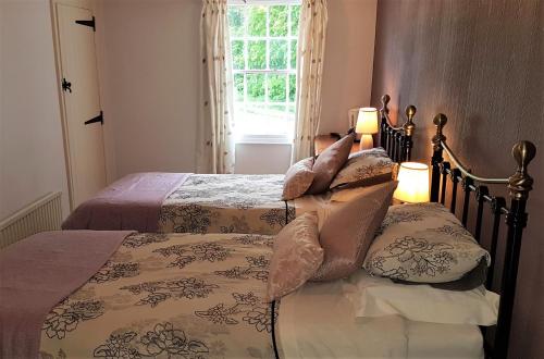 a bedroom with two beds with pillows and a window at The Pelican Guesthouse in Ashwellthorpe