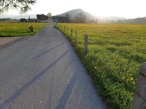 a road next to a field with a fence at Ferienwohnung Gmeiner in Hittisau