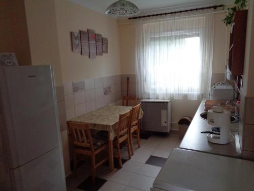 a kitchen with a table and chairs and a refrigerator at Otthon Apartman in Hajdúszoboszló