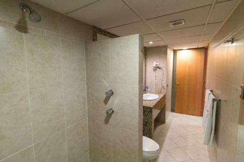 a bathroom with a shower and a toilet and a sink at Hotel Atlante in Mexico City