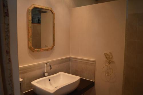 een badkamer met een wastafel en een spiegel aan de muur bij Ellesmere in Bazens