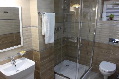 a bathroom with a shower and a toilet and a sink at Ośrodek Wypoczynkowy ,,Relaks-Perła Serpelic'' in Serpelice