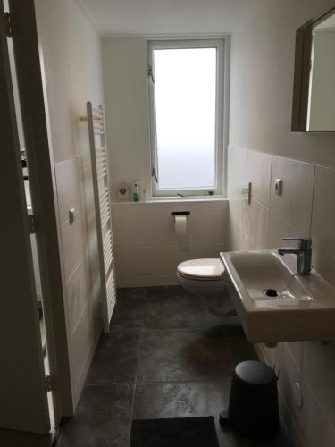 a bathroom with a toilet and a sink and a window at Kamers van Goud in Katwijk aan Zee