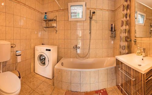 La salle de bains est pourvue d'une baignoire, de toilettes et d'un lavabo. dans l'établissement Gabi's home #1, à Sighişoara