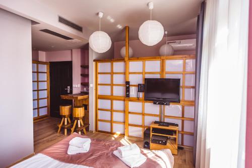 a room with a bed and a tv in it at Pensjonat Kolory Świata in Solec-Zdrój