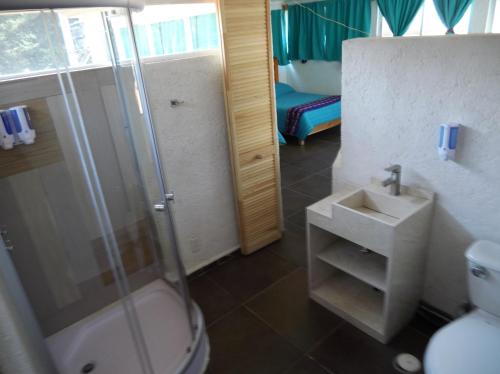 a bathroom with a shower and a toilet and a sink at Casa Culhuac in Mexico City