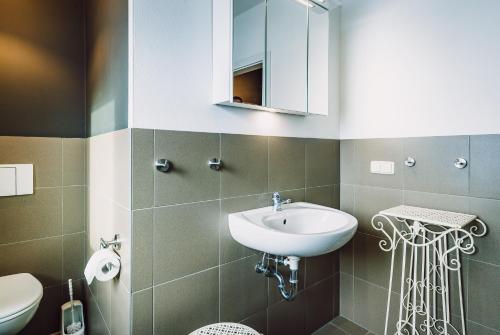 Un baño con lavabo, inodoro y espejo. en Landhaus Feischl, en Piesendorf