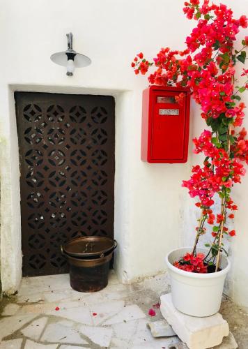 a red telephone box and flowers in a pot at Ponticelli B&B Boutique in Gravina in Puglia