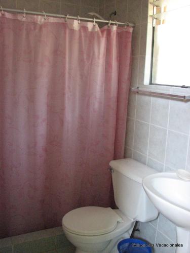 a bathroom with a pink shower curtain and a toilet at Refugios Olmue Santa Teresa in El Maqui