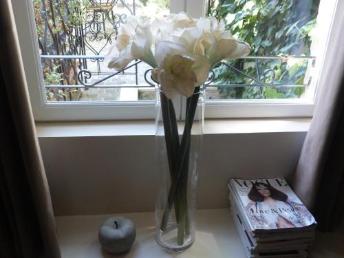 a vase with white flowers sitting on a window sill at Hotel La Closeraie in Sully-sur-Loire