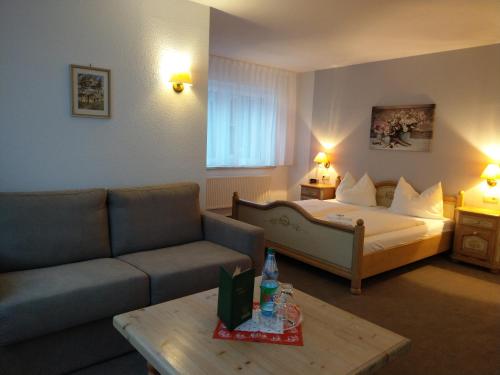 een hotelkamer met een bed en een bank bij Gasthaus-Pension Herberger in Kurort Oberwiesenthal