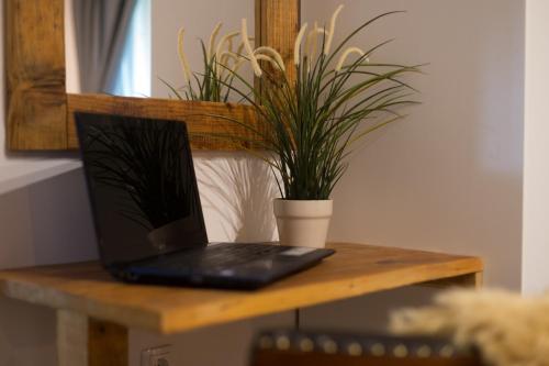 a laptop computer sitting on a wooden table with a potted plant at House Arupium - HOT TUB in Otočac