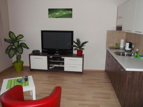 a living room with a television and a red chair at Park - apartmány na prenájom in Nové Mesto nad Váhom