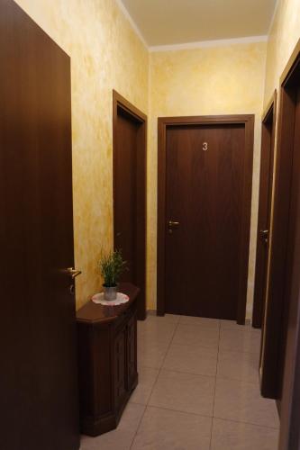 a hallway with two doors and a potted plant on a table at Le Terrazze Rooms & Studios in Ferrara