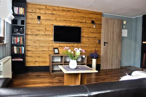 a living room with a couch and a television on a wooden wall at Ferienwohnungen "Am Mühlteich" in Radeburg
