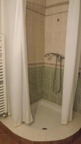 a shower with a white shower curtain in a bathroom at Lou Pichoun Jas in Cavaillon