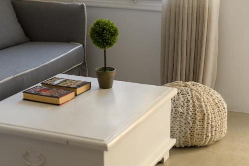 a white coffee table with books and a potted plant on it at Cova Mykonos Suites in Elia Beach