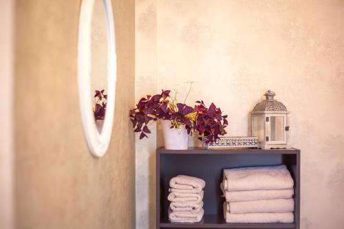 ein Regal mit Handtüchern und einem Spiegel im Bad in der Unterkunft Lebu Apartment TBS in Tbilisi City