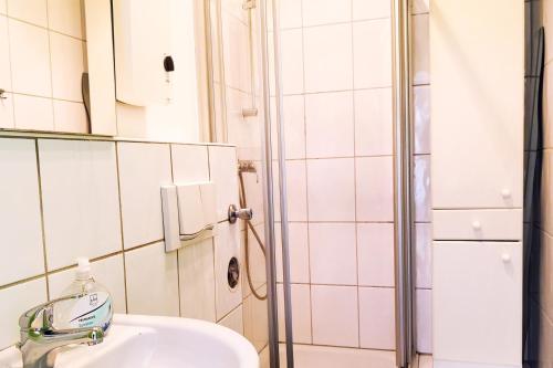 a bathroom with a sink and a shower at Work & stay Langenfeld in Langenfeld