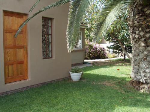 a house with a door and a palm tree at Huis KlipdriftSelf Catering &B&B in Hentiesbaai