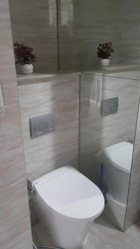 a bathroom with a white toilet and a sink at Ruby Apartment #2 in Yogyakarta