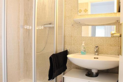 a bathroom with a sink and a shower at Haus Kastanie in Sankt Peter-Ording