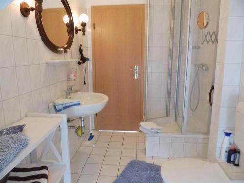 Un baño con ducha, lavabo e inodoro. en Landhaus op de Warft, en Vollerwiek