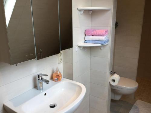 a bathroom with a sink and a toilet and towels at Haus Fabricius in Tating