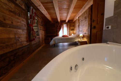 a bath tub in a room with a bedroom at Vieilles Maisons D'Introd in Introd
