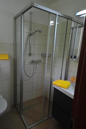 a shower with a glass door in a bathroom at Juteshus in Tating