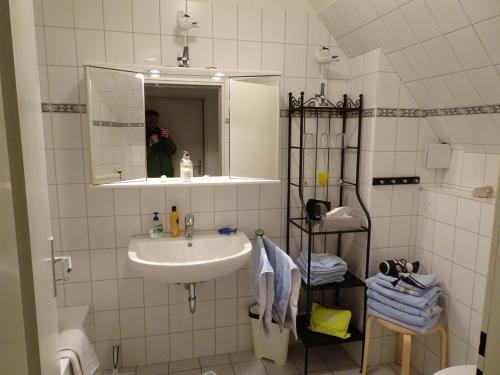 a bathroom with a sink and a mirror at Dietrichs Wentzelhof in Sankt Peter-Ording