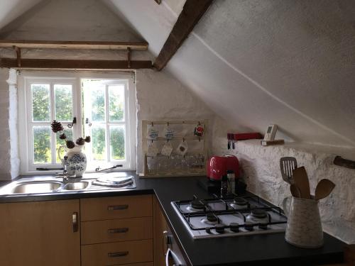 a kitchen with a stove and a sink and a window at Little Barn, Greendale Farm in Barnstaple
