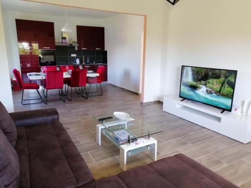 a living room with a couch and a flat screen tv at Holiday House Ivan in Donji Zemunik