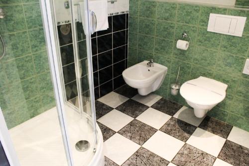 ein Bad mit einer Dusche, einem WC und einem Waschbecken in der Unterkunft Hotel Na Pekárně in Sušice