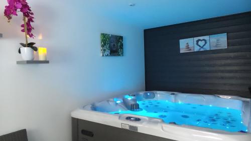 a bathroom with a tub with blue water in it at Chambre d'hôtes et Spa de la Presqu'île in La Faute-sur-Mer