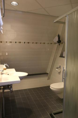 a bathroom with a shower and a sink and a toilet at SuyderSee Hotel in Enkhuizen