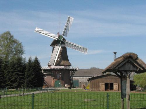 eine Windmühle auf einem Feld neben einem Gebäude in der Unterkunft Ferienwohnung Raguse, 15081 in Leer