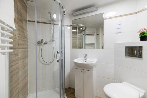 a bathroom with a shower and a toilet and a sink at DIETLA 99 APARTMENTS - IDEAL LOCATION - in the heart of Krakow in Kraków