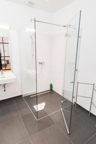 a shower stall in a bathroom with a sink at Mint@Naschmarkt Premium Apartments in Vienna