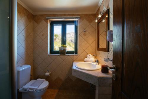 a bathroom with a sink and a toilet and a window at Aetovigla Guesthouse in Krousón