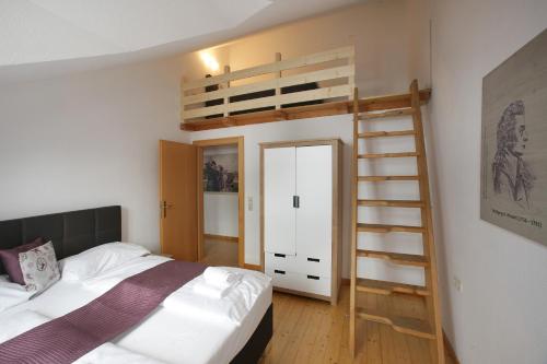 sypialnia z łóżkiem piętrowym i drabiną w obiekcie City Apartments Mozart w mieście Zell am See