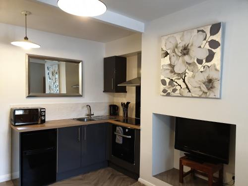 a kitchen with blue cabinets and a flat screen tv at BlueBells at Plover Cottage Lindley in Huddersfield