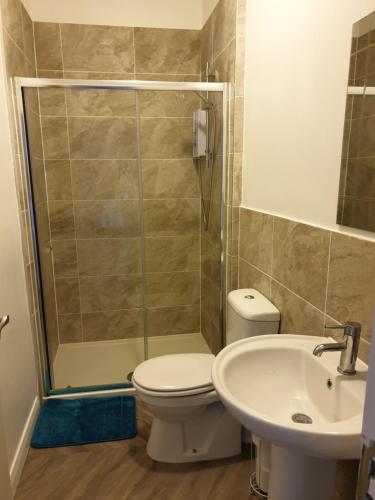 uma casa de banho com um chuveiro, um WC e um lavatório. em BlueBells at Plover Cottage Lindley em Huddersfield