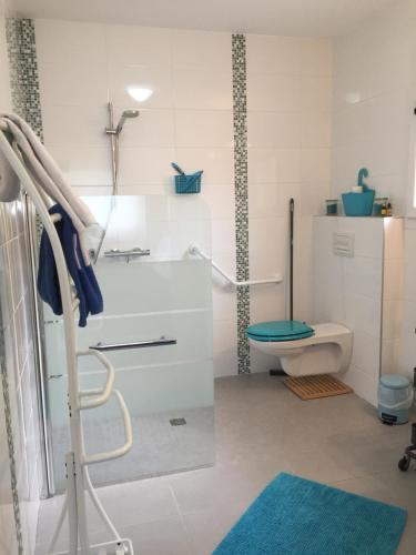 une salle de bain blanche avec toilettes et douche dans l'établissement AUX PETITS BAGANAIS, à Lacanau