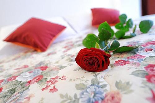 a red rose sitting on top of a bed at Hotel Europa in San Martino di Castrozza