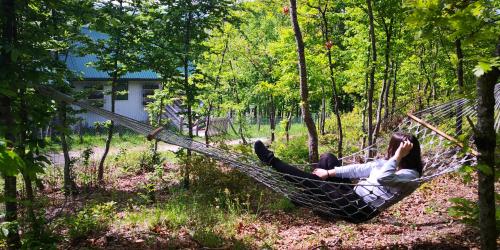 a woman laying in a hammock in the woods at Koliba Pčelica 1-SPA in Bijelo Polje