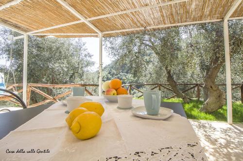 uma mesa com laranjas e copos em cima dela em Casa della Valle Gentile em Mattinata