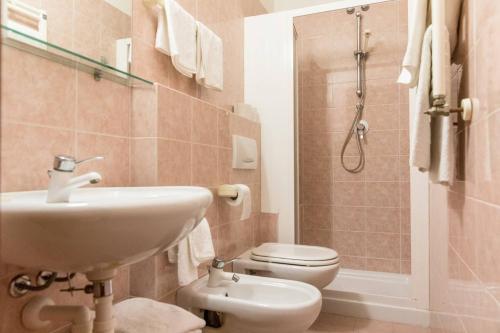 a bathroom with a sink and a toilet and a shower at Hotel Pace in Torri del Benaco